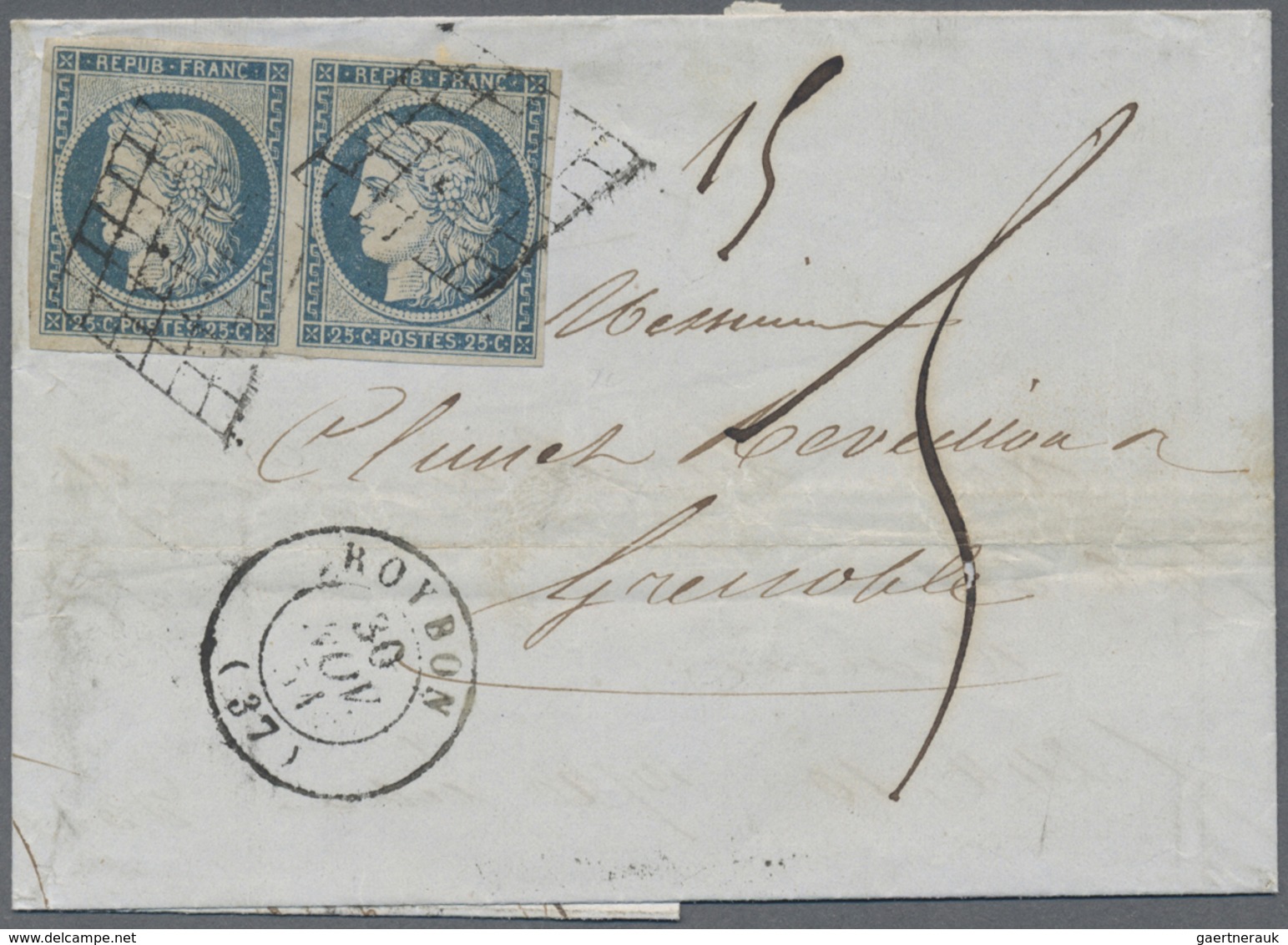 Br Frankreich: 1849/1852, CERES, Group Of Twelve Entires Bearing Frankings 20c. Black And 25c. Blue, Sh - Oblitérés