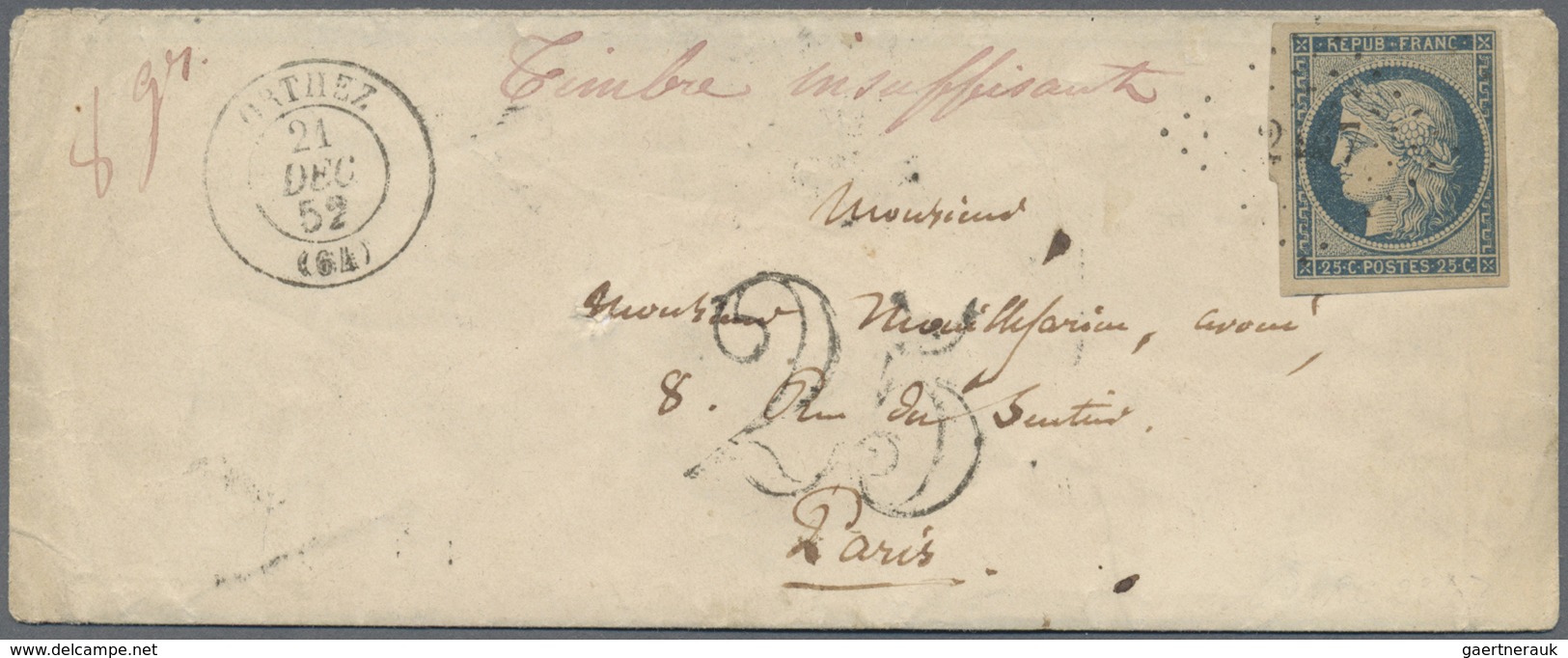 Br Frankreich: 1849/1852, CERES, Group Of Twelve Entires Bearing Frankings 20c. Black And 25c. Blue, Sh - Oblitérés