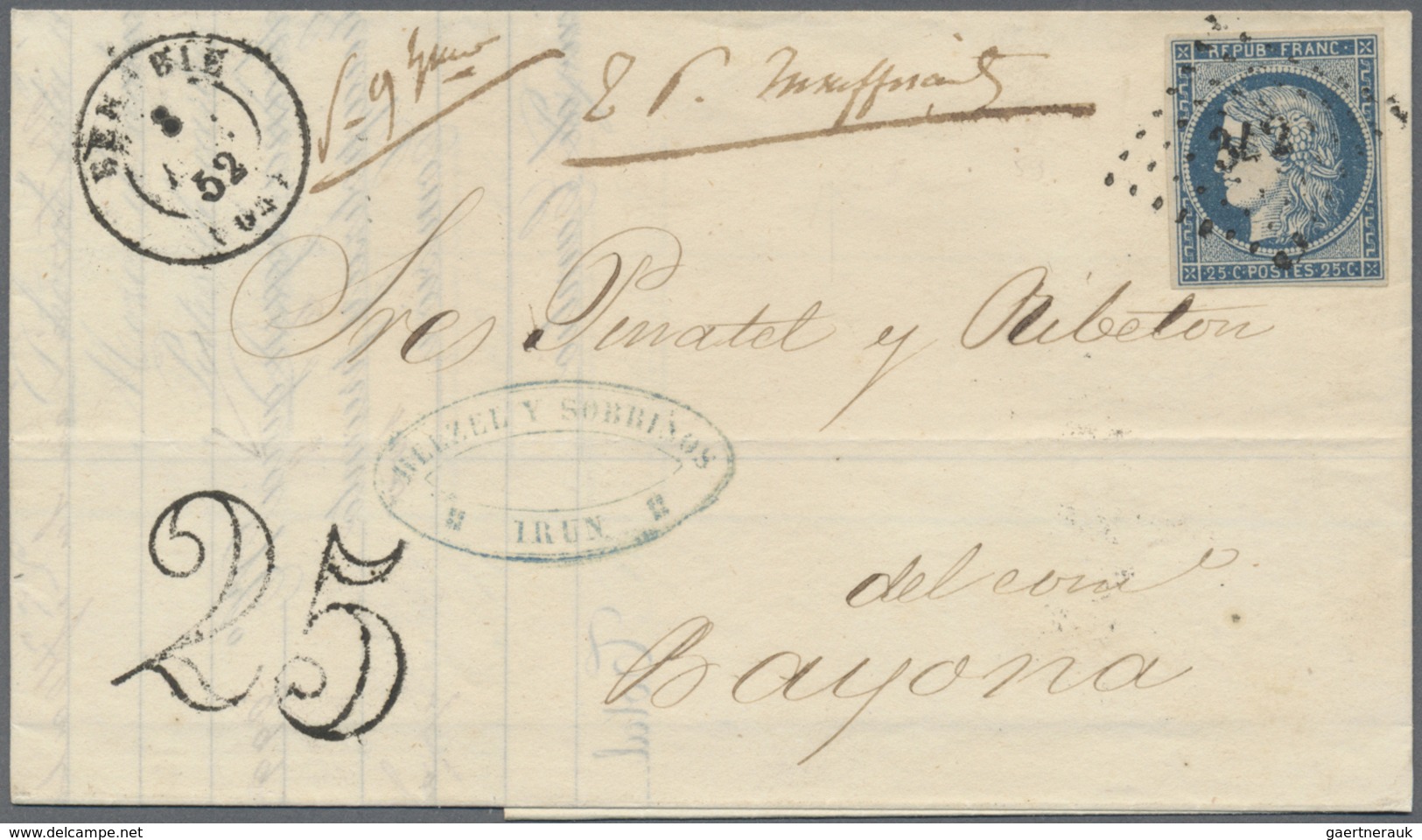 Br Frankreich: 1849/1852, CERES, group of twelve entires bearing frankings 20c. black and 25c. blue, sh
