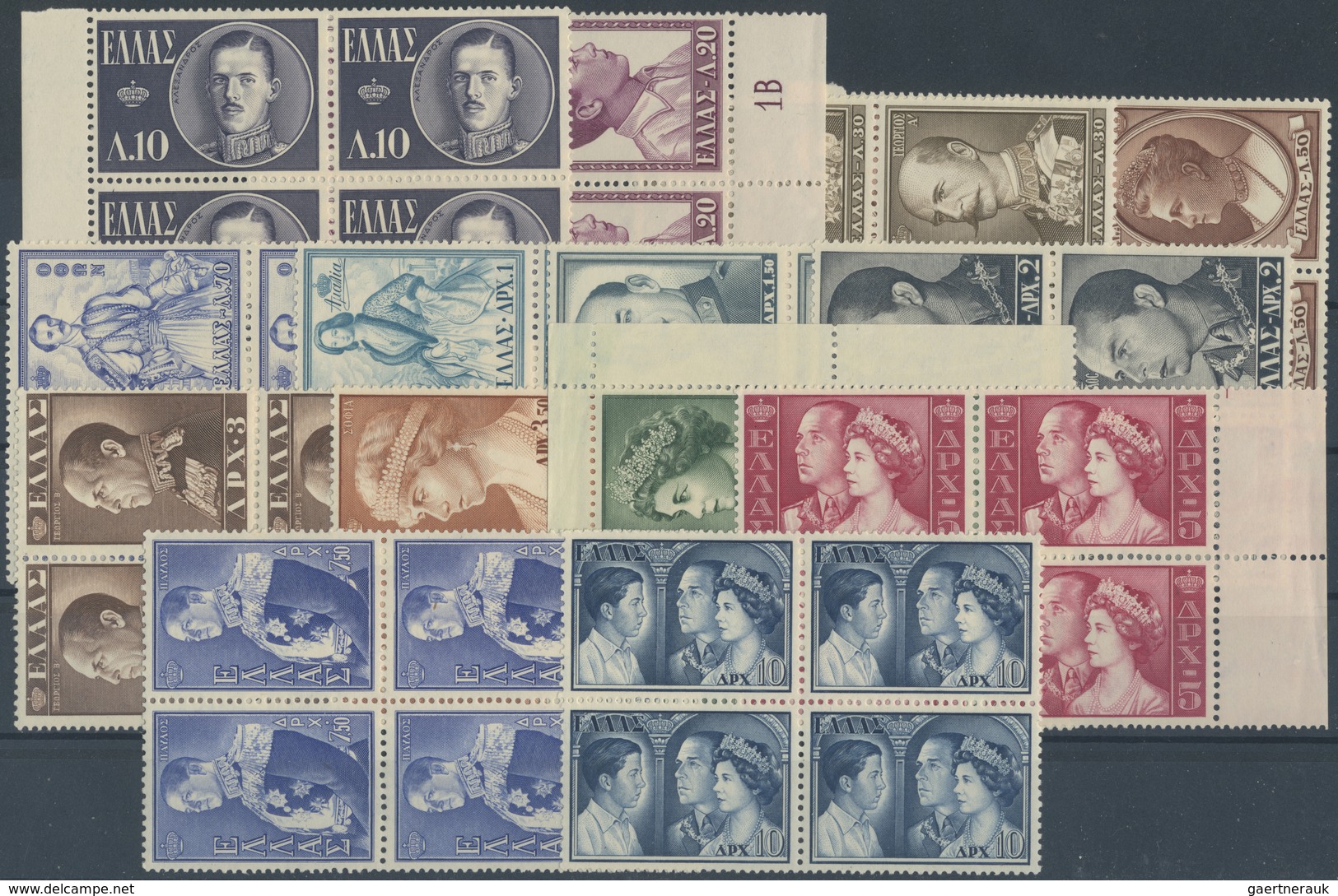 ** Griechenland: 1933/58, Nette Partie Postfrischer Ausgaben Wie Folgt: Mi'Nr. 355-61 Viererblock, 632- - Lettres & Documents