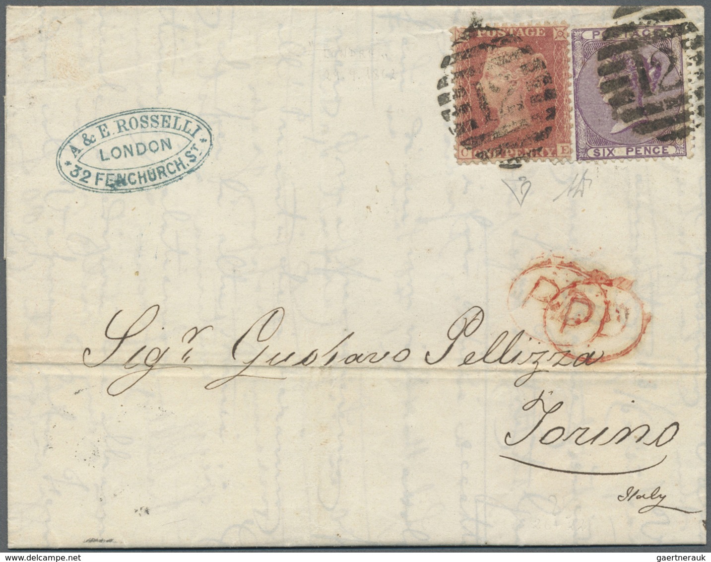 Br Großbritannien: 1861/1869, Lot Of Three Entires To Italy, E.g. 1856 6d. Lilac, 1856 1s. Green Two Co - Autres & Non Classés