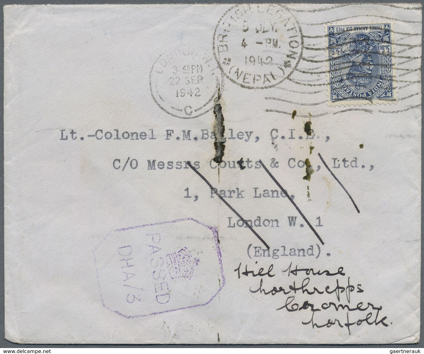 Br Großbritannien - Besonderheiten: 1942, Incoming Mail: Letter From Nepal With 3a6d And Postmark "Brit - Andere & Zonder Classificatie