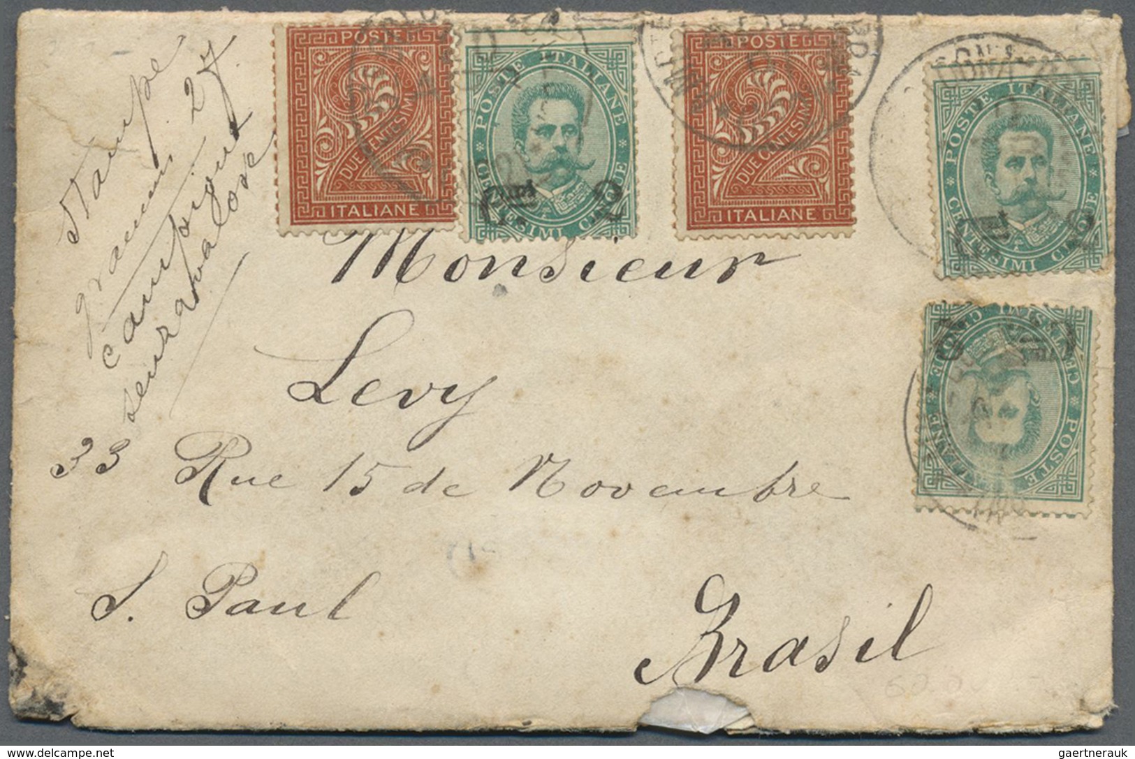 Br Italien: 1891. Letter With Three Times 2c On 5 Cmi King Umberto I And Two Times 2c Cipher From "Bolo - Marcophilie