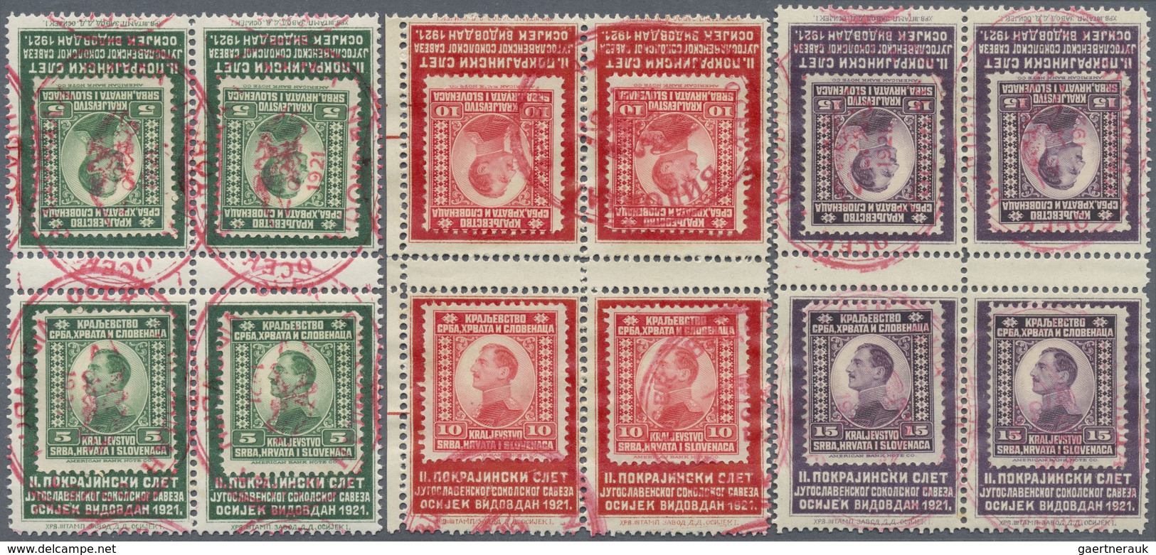 **/* Jugoslawien: 1921/1925, King Alexander-Vignettes Two Sets In Blocks Of Four With Inverted Gutter Pai - Lettres & Documents