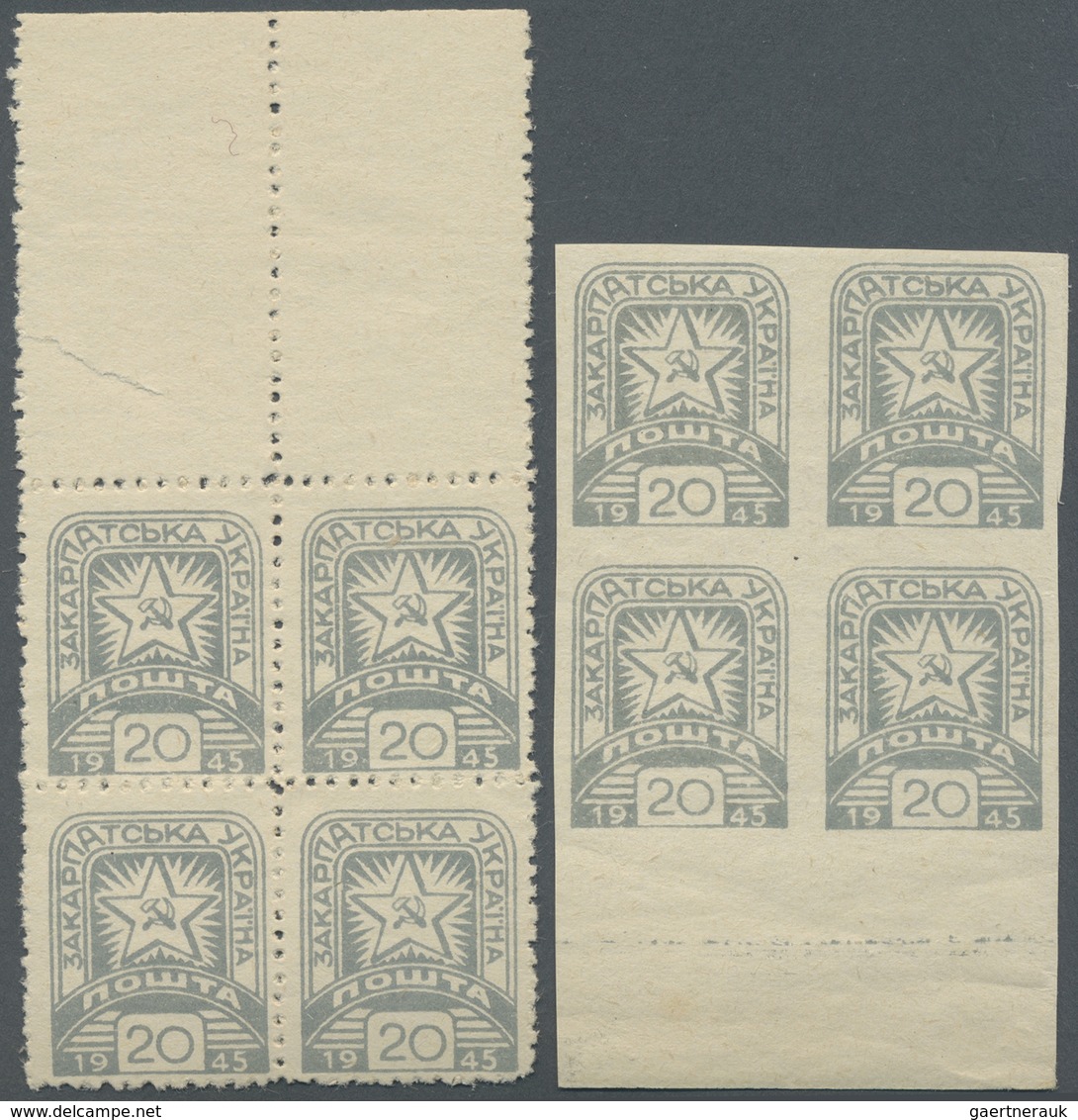 ** Karpaten-Ukraine: 1945, Group Of Ten Blocks Of Four (=40 Stamps), Unnmounted Mint (some With Natural - Ukraine