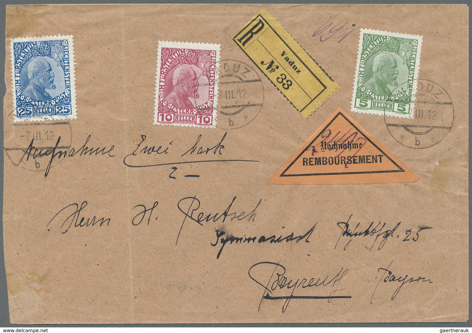 Br Liechtenstein: 1912/1915, Nette Partie Von 7 Briefen/Karten Mit Frankaturen Der Ersten Ausgabe, Dabe - Lettres & Documents