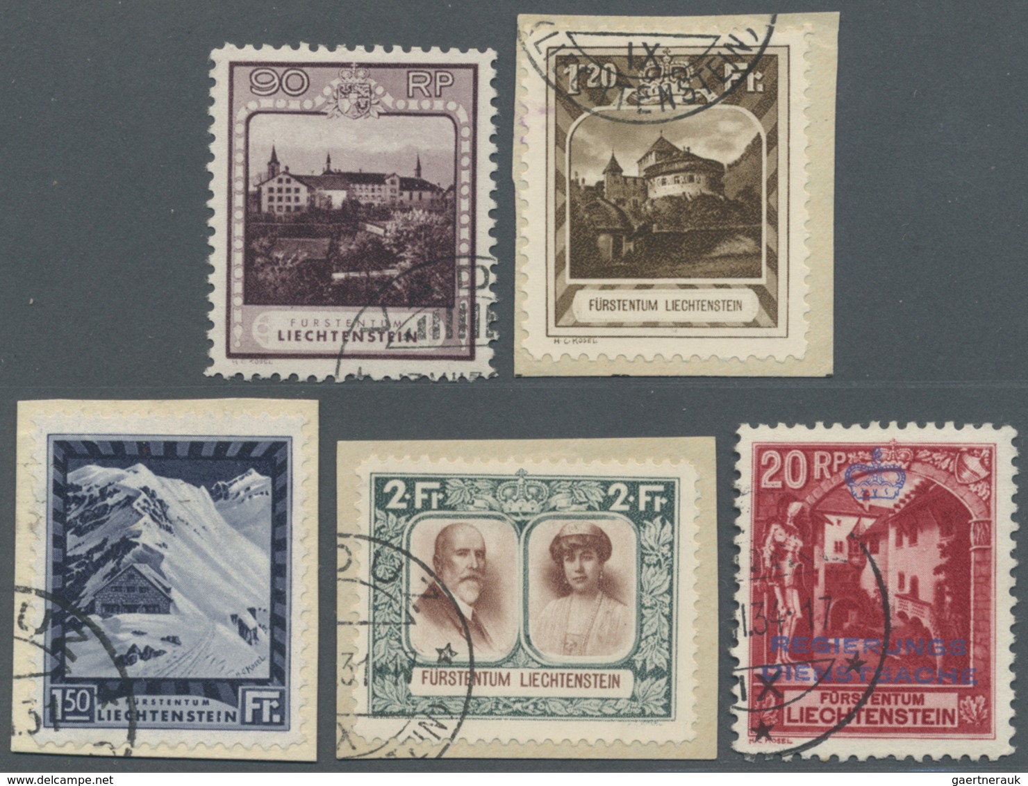 O Liechtenstein: 1930 Lot Von Ca. 50 Gestempelten 'Kosel'-Marken Aller Wertstufen, Dabei Bessere Zähnu - Storia Postale