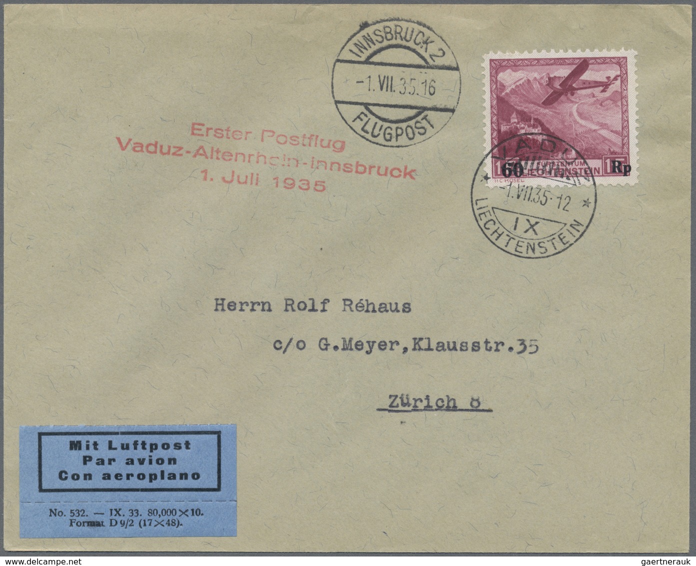 Br Liechtenstein: 1935/1974, Partie Mit 12 Belegen, Dabei Schwerpunkt Flugpost Mit Postflug Vaduz-Innsb - Lettres & Documents