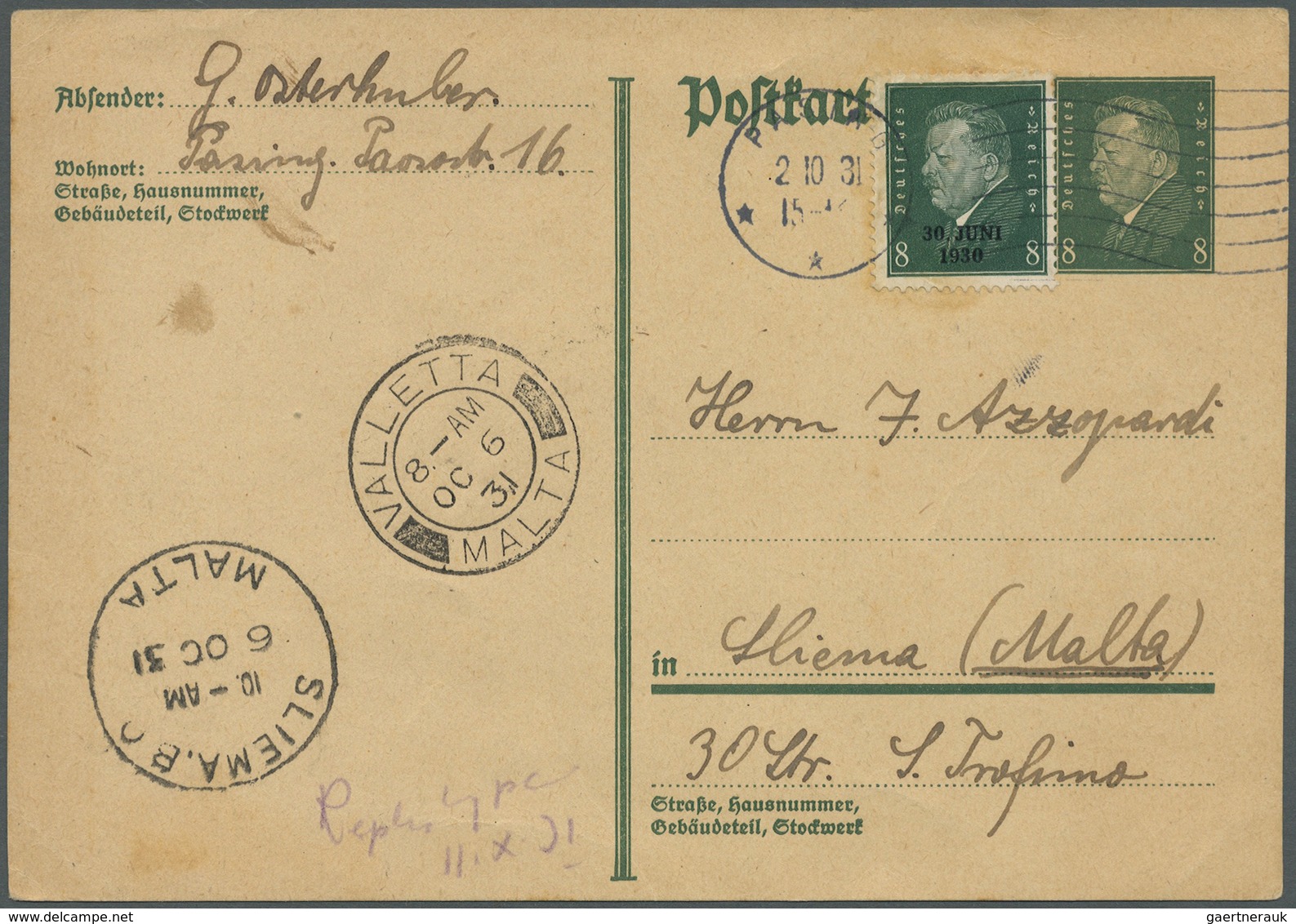 Br/GA Malta: 1878/1951: Group Of 40 Postal Stationeries, Covers And Cards Used To Germany (mostly), Austri - Malte