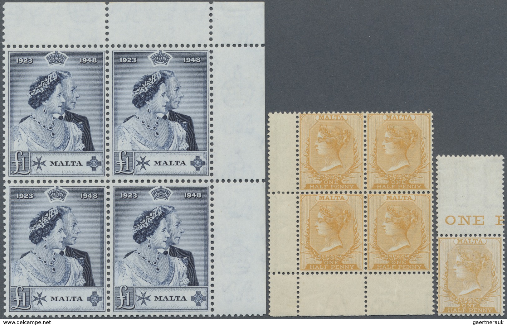 ** Malta: 1880/1949, U/m Lot With ½d. Crown CC Single Stamp And Crown CA Block Of Four; 1949 Silver Wed - Malte