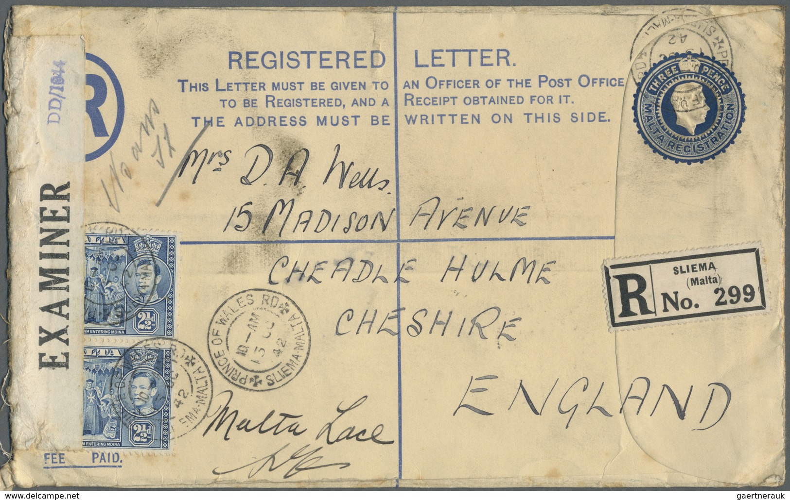 Br/GA Malta: 1942-43 CENSORED MAIL: Nine Covers And Two P/s Registered Envelopes All Used To England And C - Malte