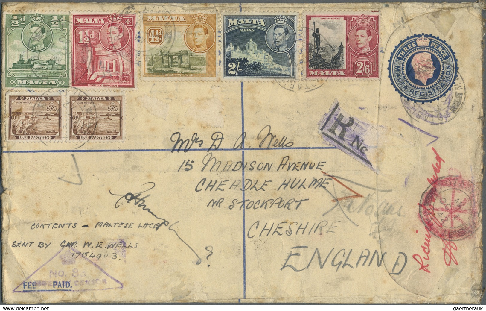 Br/GA Malta: 1942-43 CENSORED MAIL: Nine Covers And Two P/s Registered Envelopes All Used To England And C - Malte