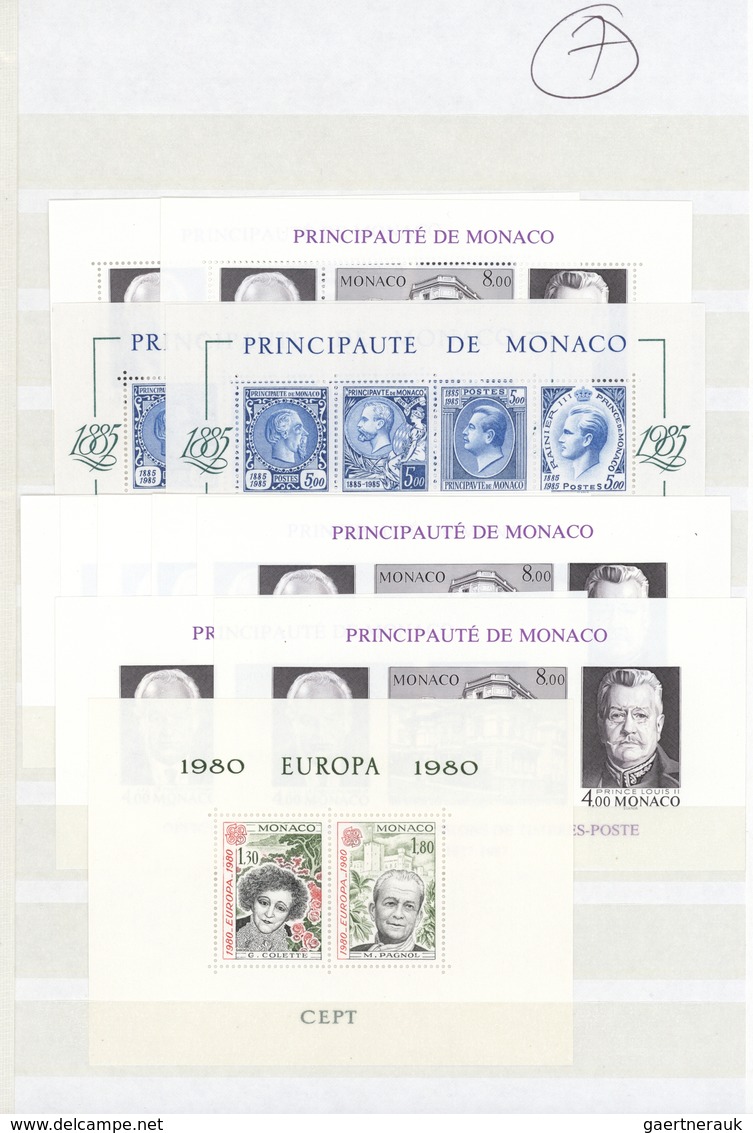 ** Monaco: 1951/1987, Lot Of Blocks With Eight Items Red Cross 1951, Cept 1980 Special Printing, 50 Yea - Neufs