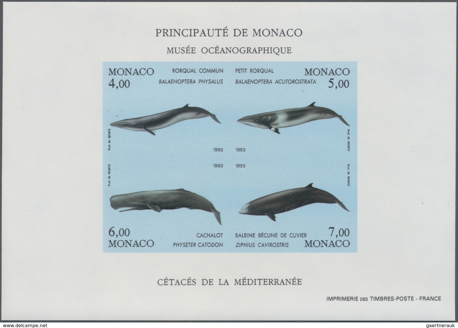 ** Monaco: 1993, Whales, IMPERFORATE Souvenir Sheet, 20 U/m Copies. Maury BF62 Nd - 4.500,- €. - Neufs