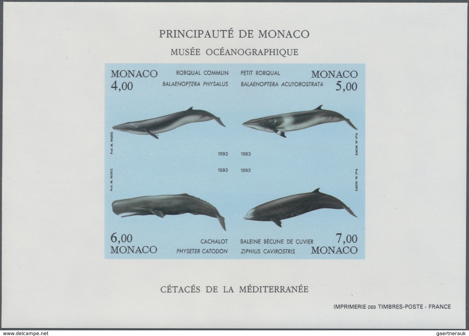 ** Monaco: 1993, Whales, IMPERFORATE Souvenir Sheet, 20 U/m Copies. Maury BF62 Nd - 4.500,- €. - Neufs