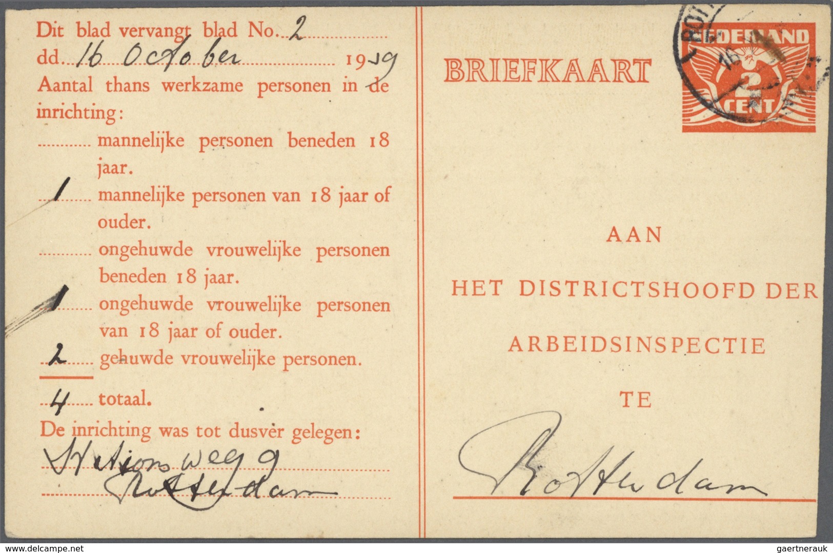 GA Niederlande - Ganzsachen: 1938/1943, Approximately 120 Stationery Cards For The "ARBEIDSINSPECTIE" A - Entiers Postaux