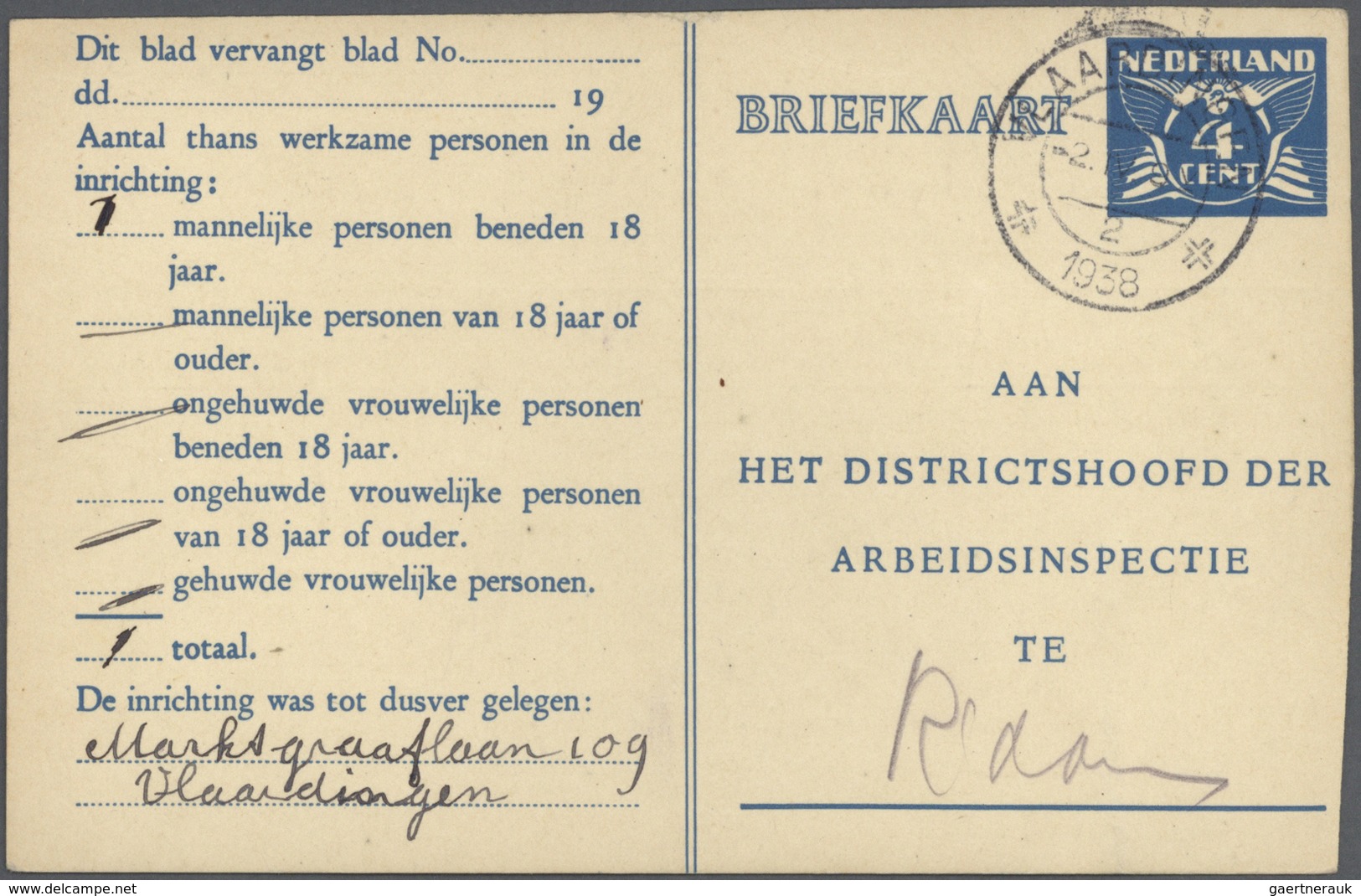 GA Niederlande - Ganzsachen: 1938/1943, Approximately 120 Stationery Cards For The "ARBEIDSINSPECTIE" A - Entiers Postaux