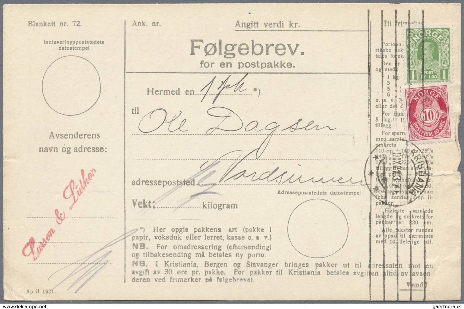 Br Norwegen: 1912/1921, 10 Parcel Cards With Different Frankings. Condition Fine To Very Fine Some With - Neufs