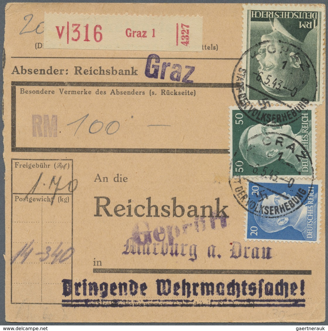 Br Österreich - Heimat: GRAZ: 1942/1950 (ca.), Bestand von ca. 220 Paketkarten von Grazer Postämtern da