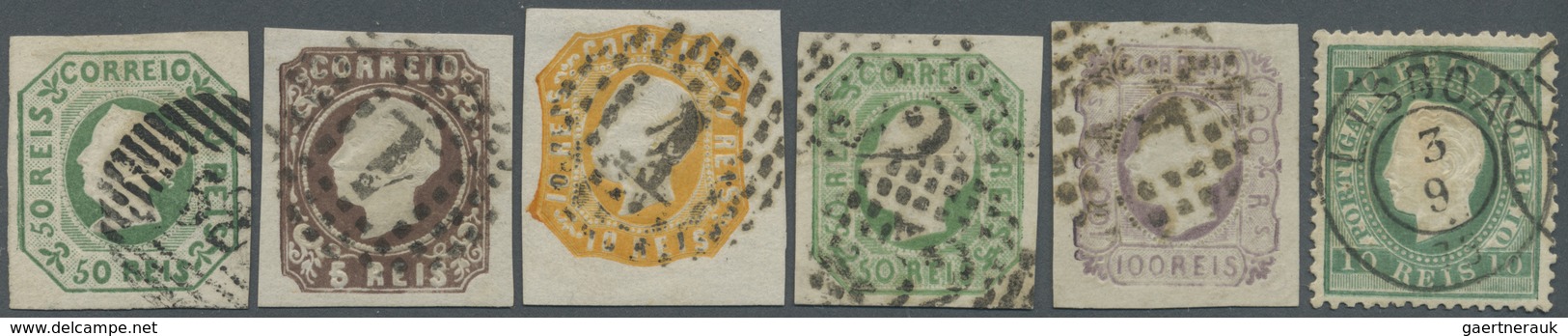 O Portugal: 1853/1879, Lot Of Six Used Classic Stamps Incl. 1853 50r. Green Wide Margins, 1879 10r. Bl - Lettres & Documents