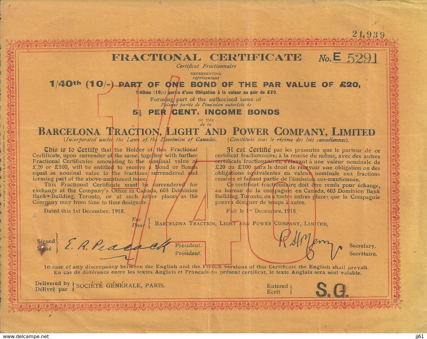 BARCELONA TRACTION LIGHT AND POWER COMPANY LIMITED ANNEE 1918 DELIVRE PAR LA SOCIETE GENERALE 1 / 40 - Andere & Zonder Classificatie