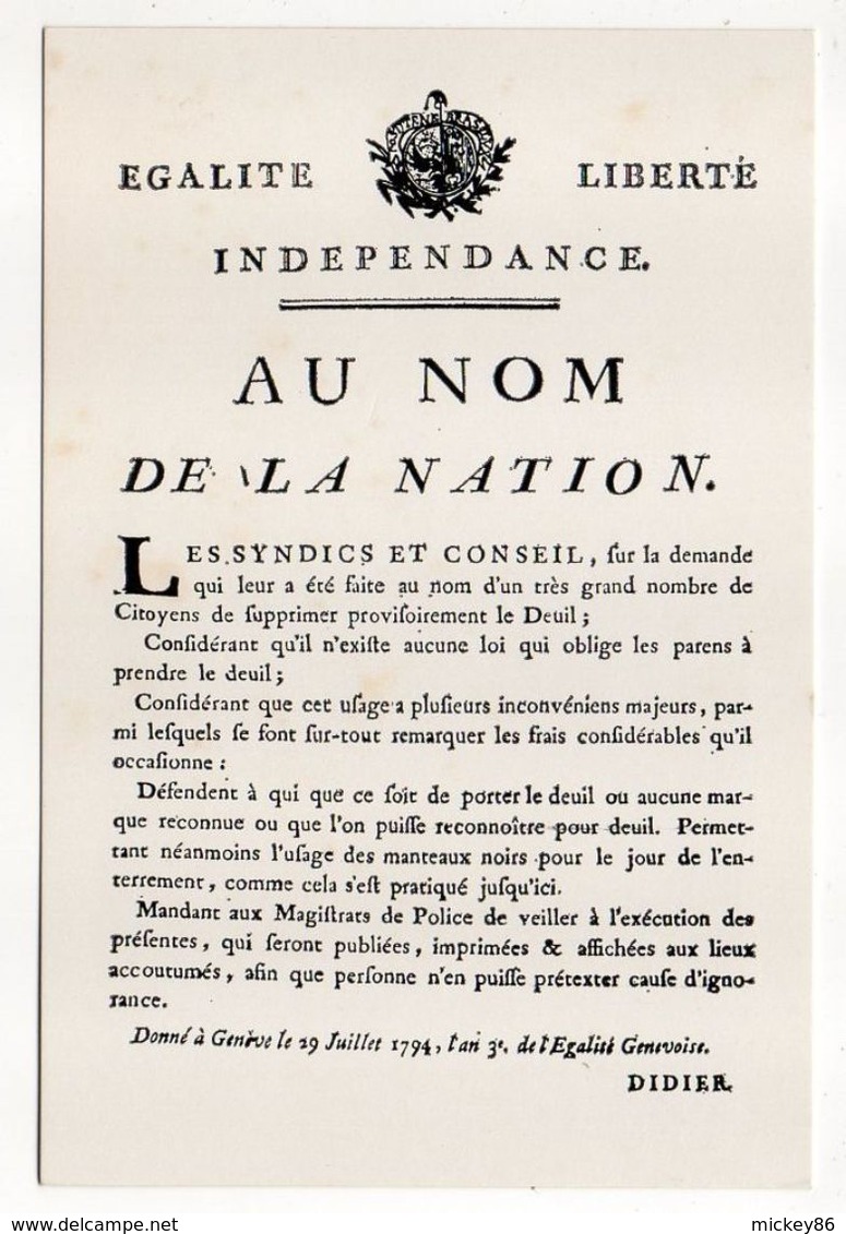 Histoire--29 Juillet 1794--FAC-SIMILE--Affiche De Genève"Au Nom De La Nation" Pendant La Période Révolutionnaire - History