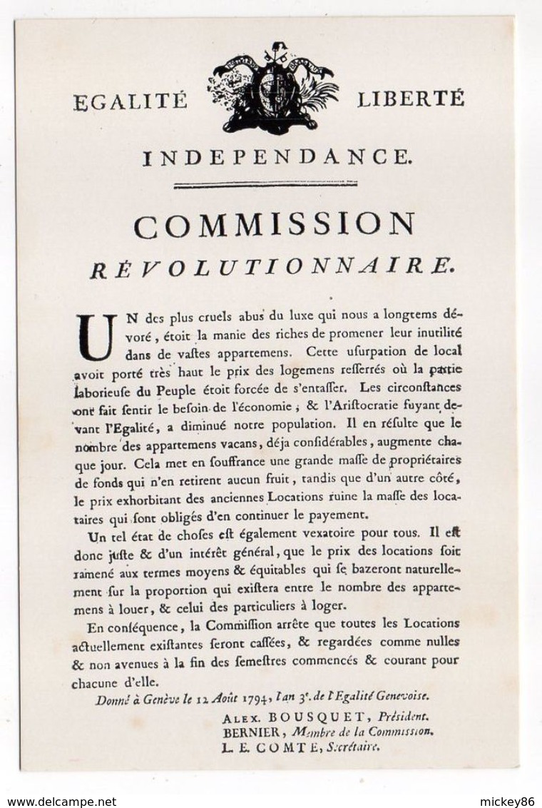 Histoire--12 Aout 1794--FAC-SIMILE--Affiche De Genève "Commission Révolutionnaire"  Pendant La Période - History