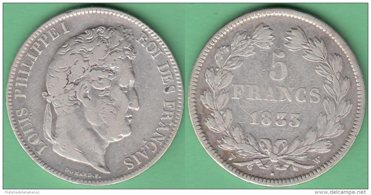 M255 FRANCE SILVER 5fr LOUIS PHILLIPPE I 1833 W. LILLE. - Sonstige & Ohne Zuordnung