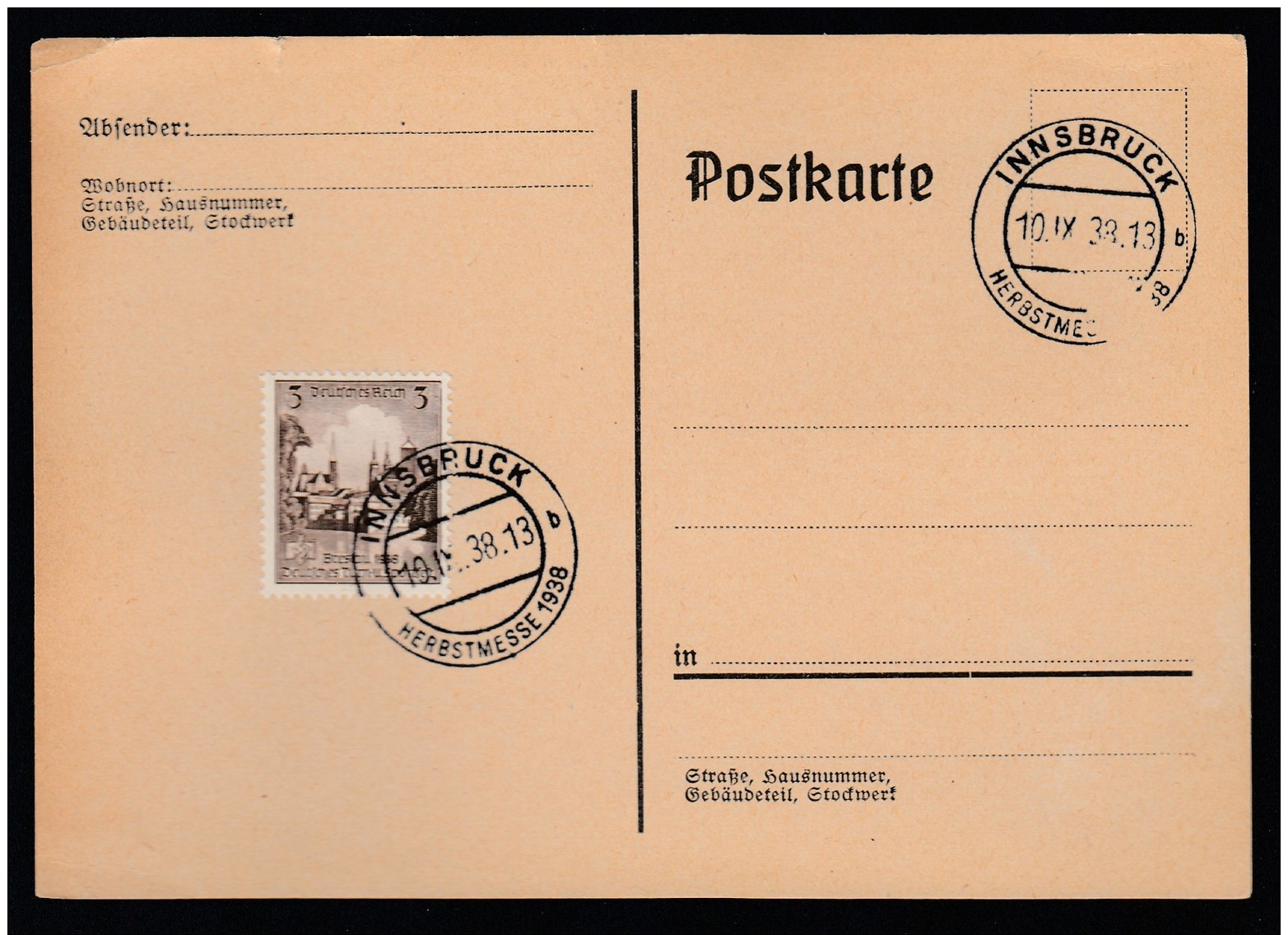 DR Postkarte Sonderstempel 1938 Innsbruck Herbstmesse Ungelaufen K1396 - Briefe U. Dokumente