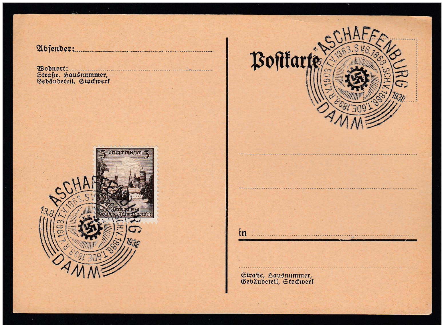 DR Postkarte Sonderstempel 1939 Aschaffenburg Damm Ungelaufen K1399 - Briefe U. Dokumente