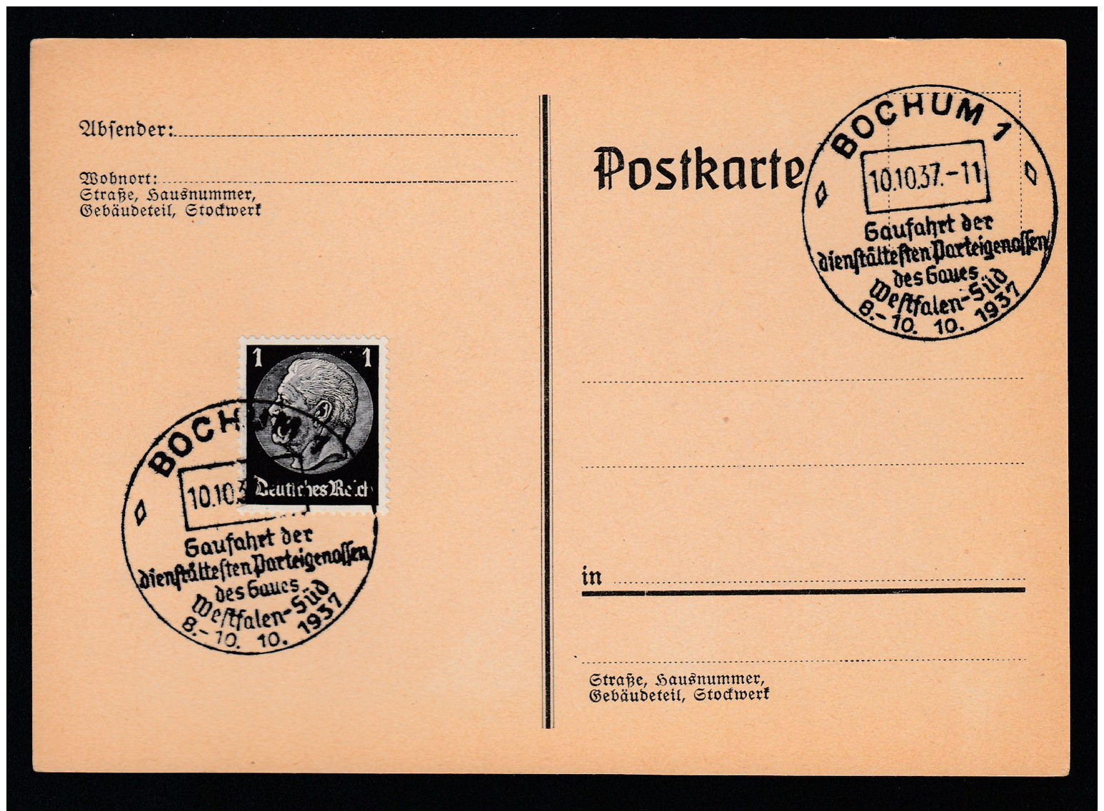 DR Postkarte Sonderstempel Gaufahrt NSDAP 1937 Bochum Ungelaufen K1410 - Briefe U. Dokumente