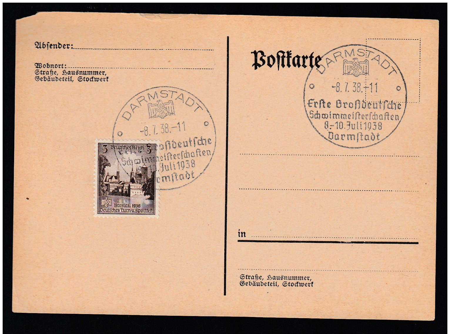 DR Postkarte Sonderstempel 1938 Darmstadt Ungelaufen K1420 - Briefe U. Dokumente