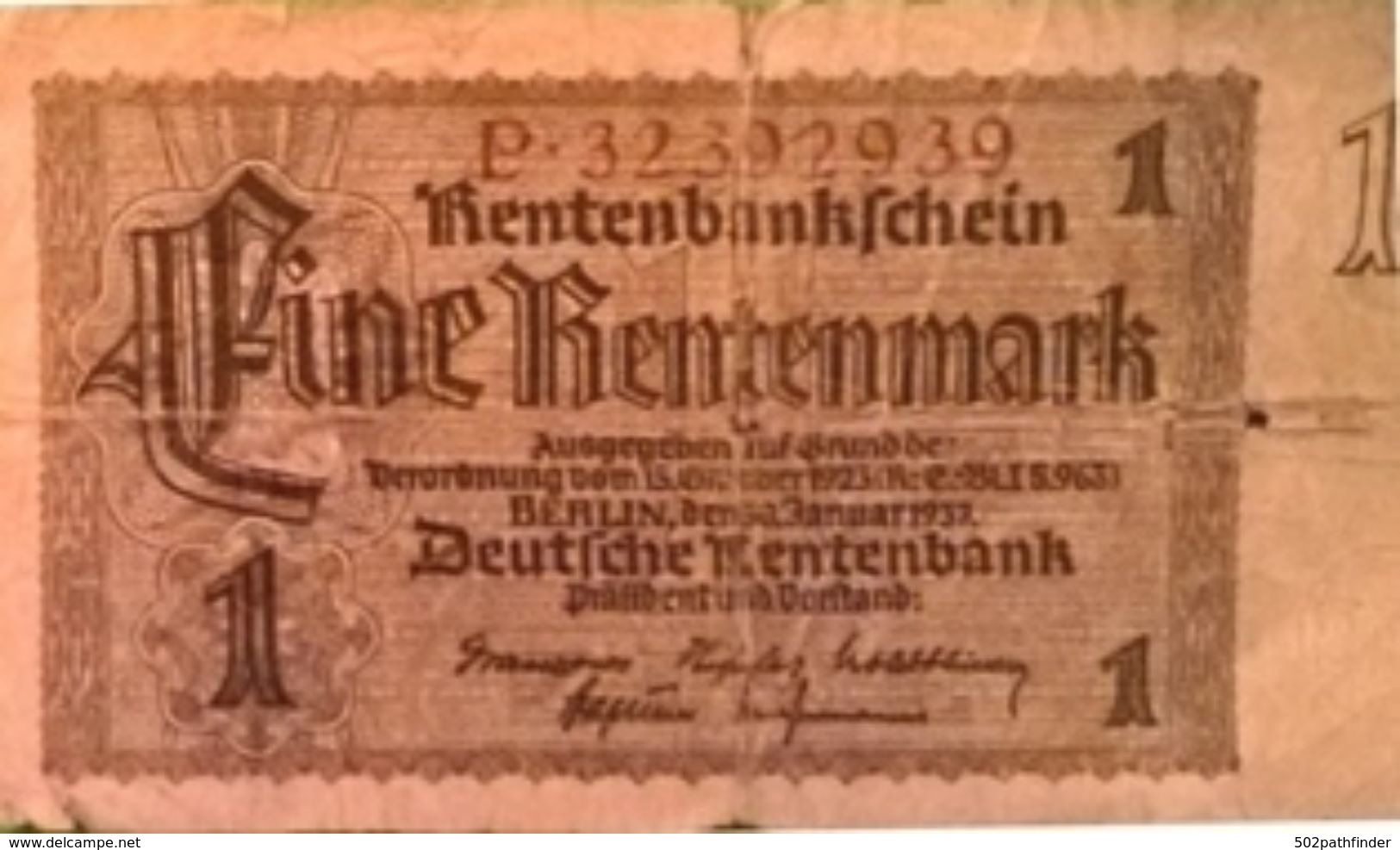 1 Eine RENTENMARK RentenMarkSchein P.32392939 Berlin 30/1/1937 - Verordnung 15/10/1923 Deutsche Rentenbank - 1 Rentenmark