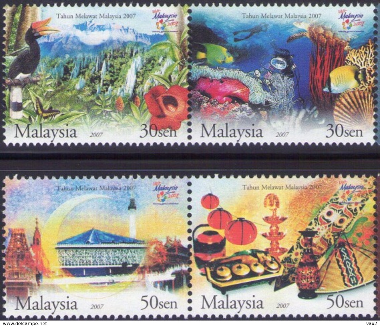 Malaysia 2007 S#1142-1143+1145 Visit Malaysia Year Set+M/S MNH Flora Fauna Bird Scuba Butterfly Marine Flower - Malaysia (1964-...)