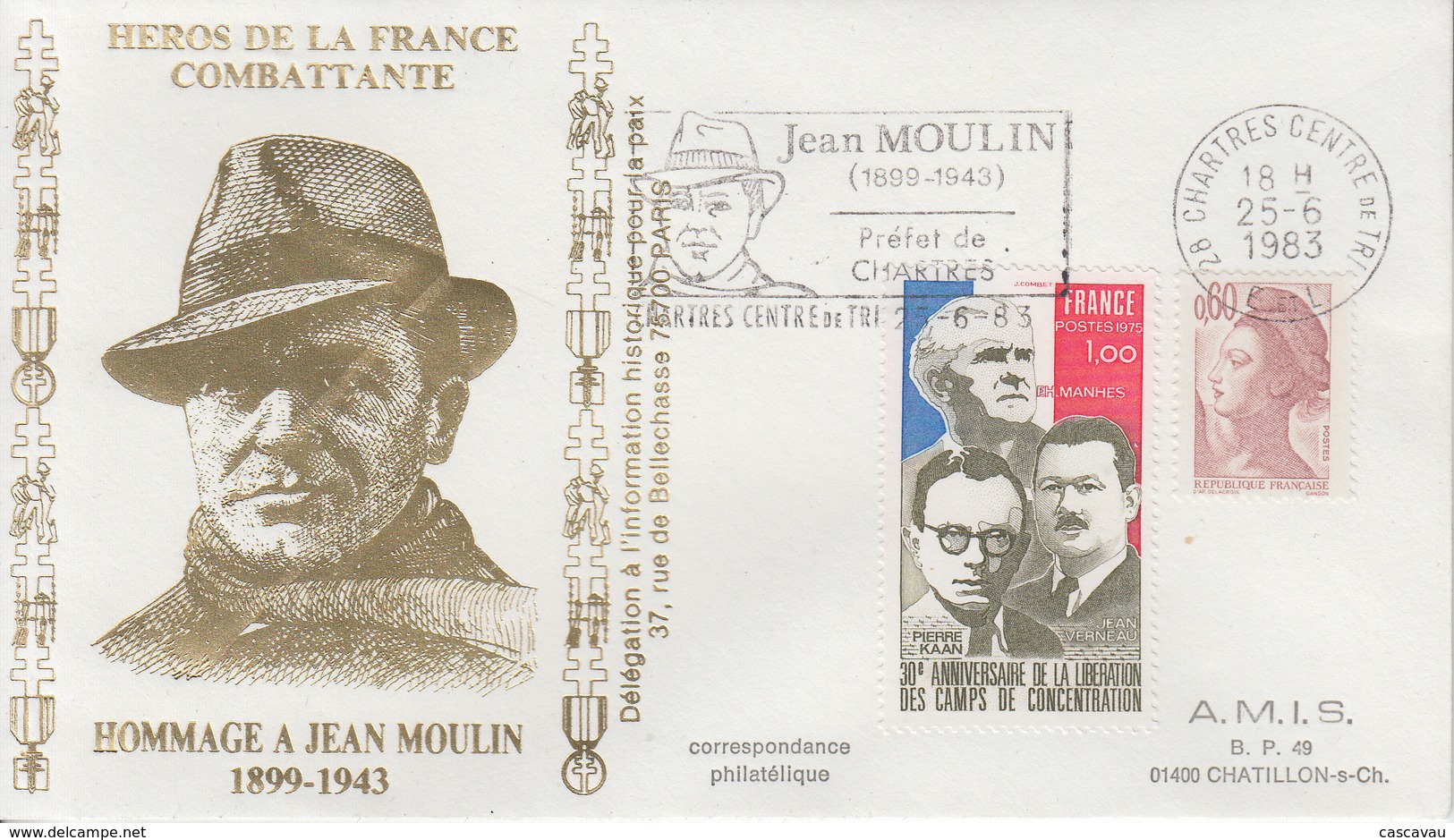 Enveloppe   Hommage  à   JEAN   MOULIN    CHARTRES   1983 - Guerre Mondiale (Seconde)