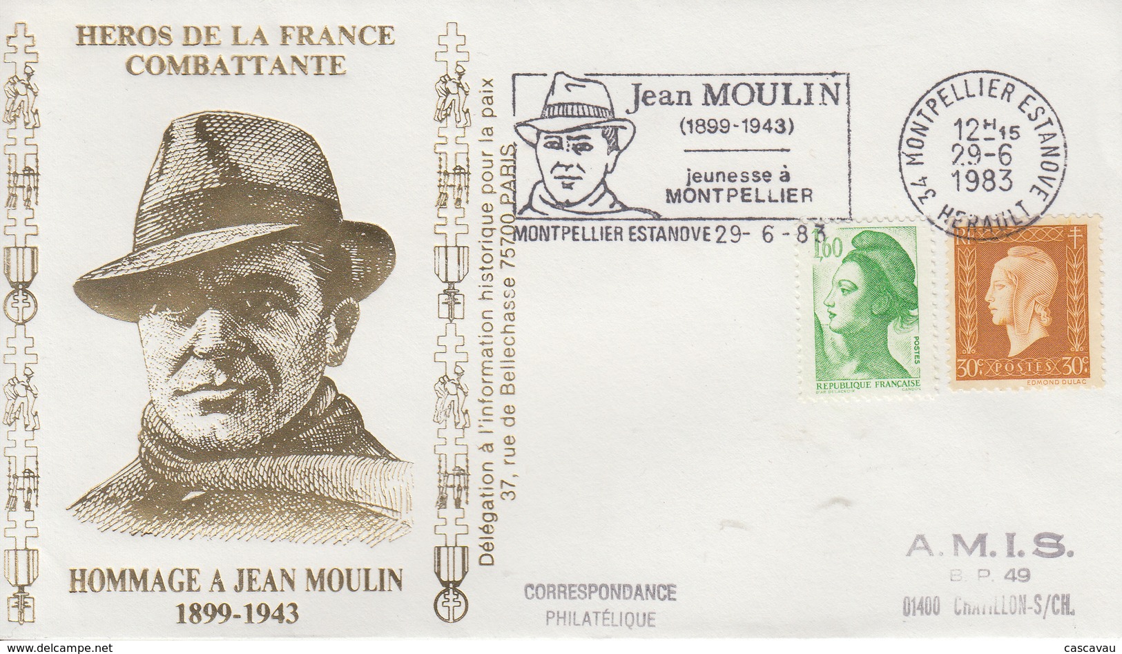 Enveloppe   Hommage  à   JEAN   MOULIN    MONTPELLIER   1983 - Guerre Mondiale (Seconde)