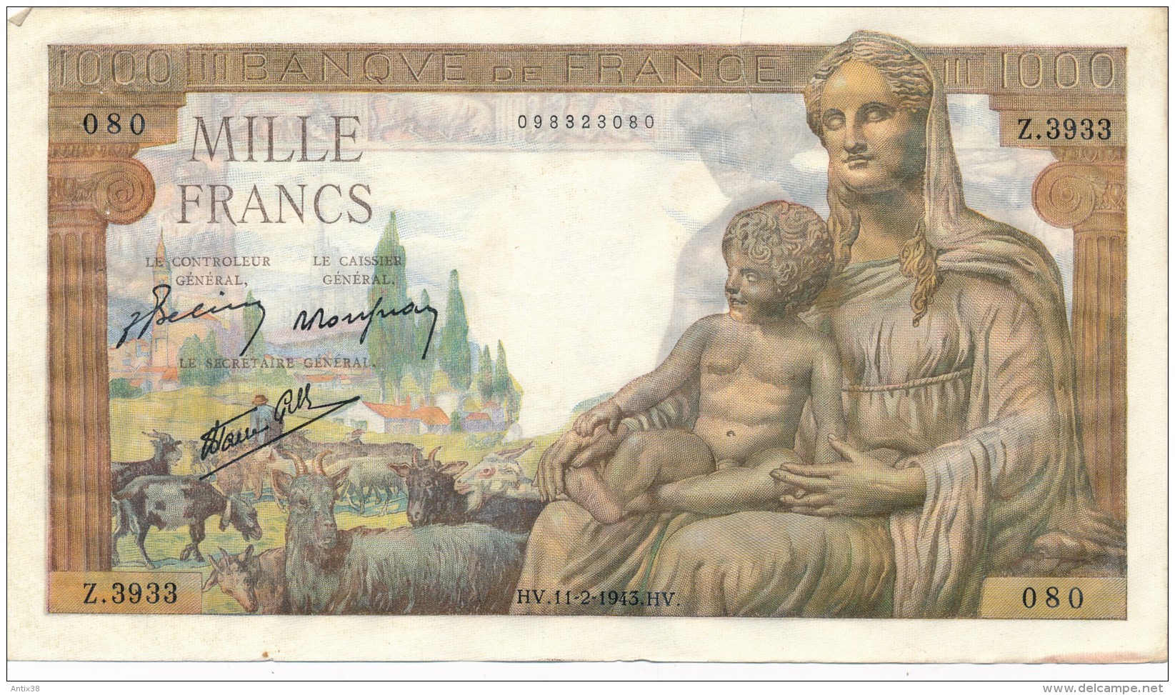 H34 - FRANCE - Billet De 1000 Francs Déesse DEMETER - 1 000 F 1942-1943 ''Déesse Déméter''