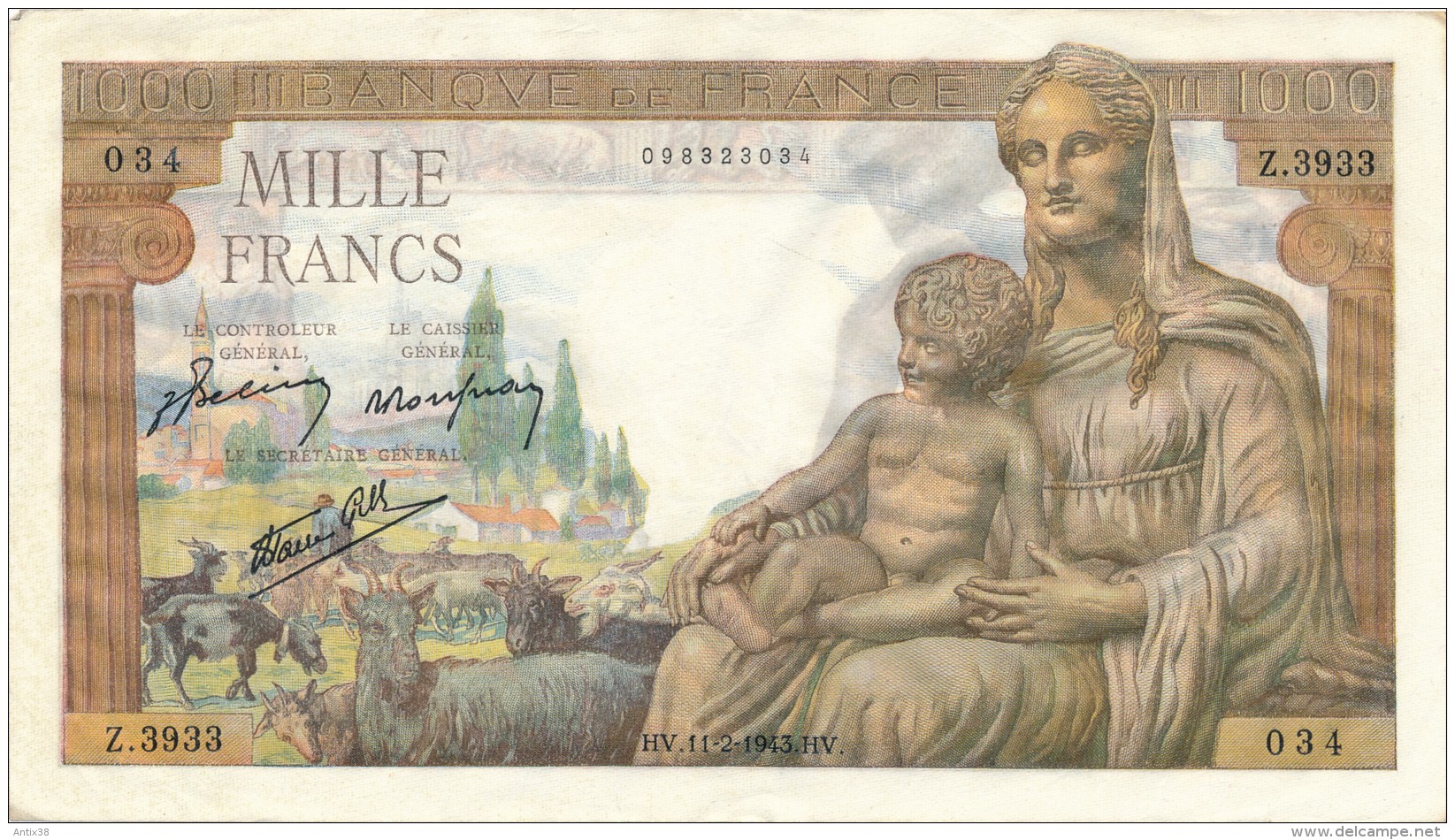 H34 - FRANCE - Billet De 1000 Francs Déesse DEMETER - 1 000 F 1942-1943 ''Déesse Déméter''