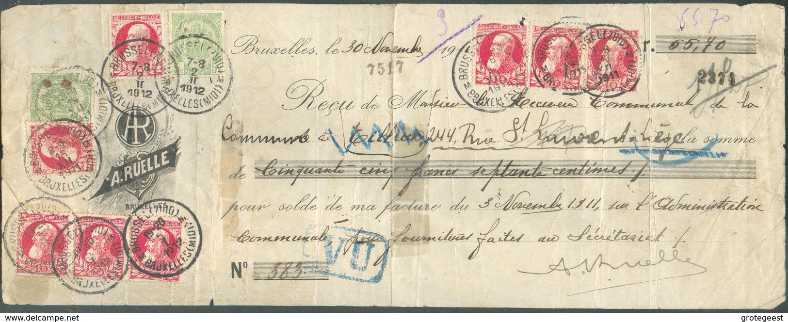 N°74(8)-83(2) Obl. Sc BRUXELLES (MIDI) Sur Reçu Présenté Et Non Encaissé (niet Betaald) - Verso = Etiquettes "payera Au - 1905 Grosse Barbe