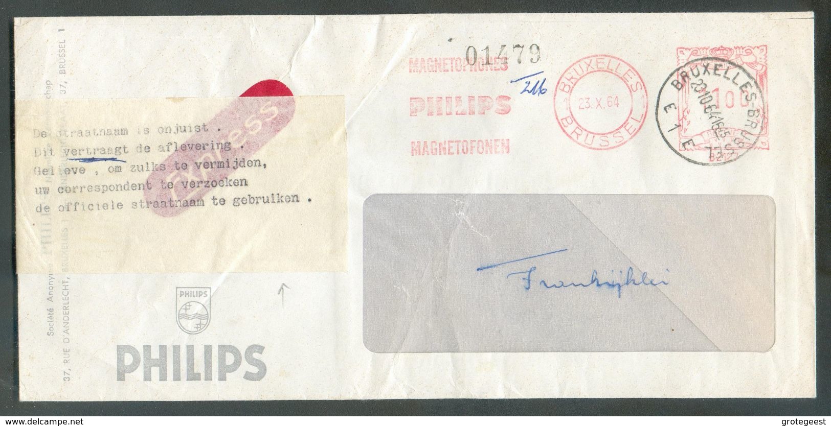 Affranchissement Mécanique 11Fr. De BRUXELLES 1 Le 20.10.1964 Sur Lettre Exprès (publicité PHILIPS) Avec Papillon Et Tex - Otros & Sin Clasificación