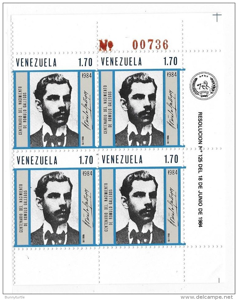 Venezuela 1984-85 President Romulo Gallegos Block Of 4 MNH - Venezuela