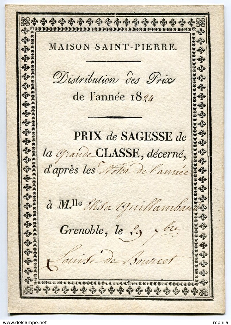 RC 6983 - 1824 DISTRIBUTION DES PRIX DE SAGESSE GRANDE CLASSE MAISON SAINT PIERRE GRENOBLE ISERE - TB - Diploma & School Reports