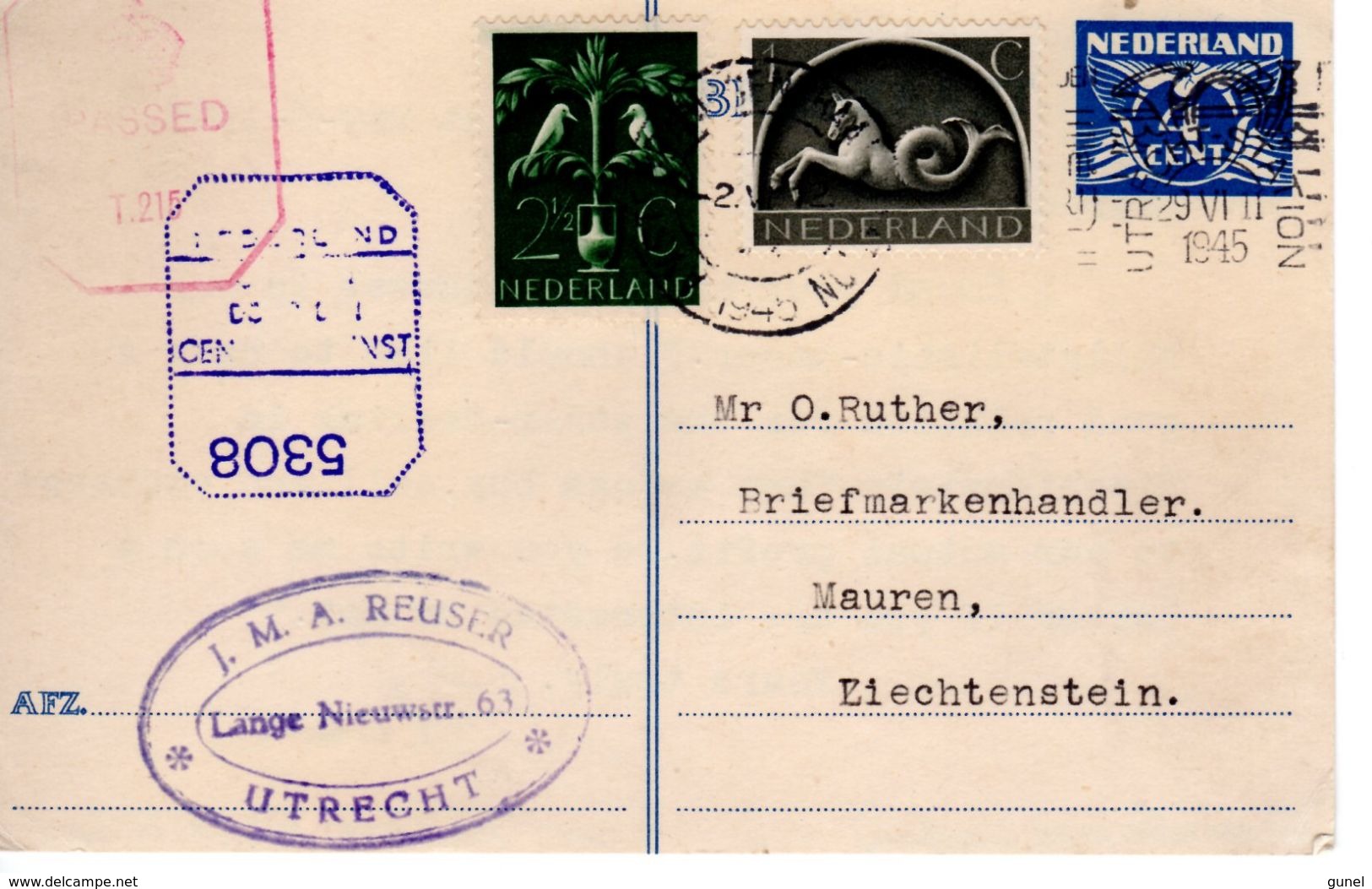 Bk G242 Bijgefrankeerd Van Utrecht Naar MAUREN (Liechtenstein) Via Censuurdienst Nederland En PASSED T.215(rood) - Postal Stationery