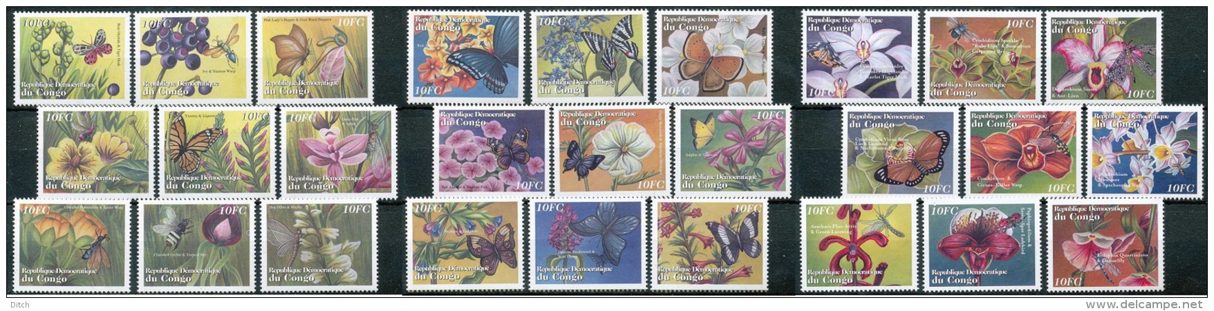 D- Congo 2001 - Fleurs, Insectes Et Papillons - Série Complète De 27 Valeurs Valeurs Des Blocs 199/201 - Papillons