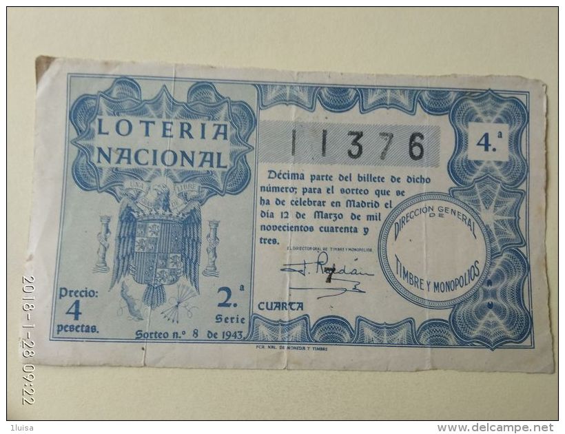 Lotteria Nazionale Spagnola  1943 - Altri & Non Classificati