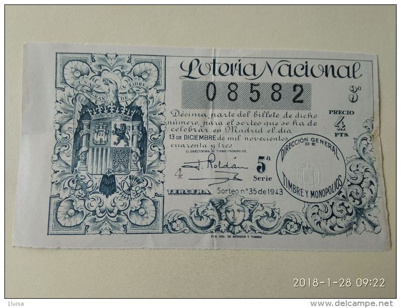Lotteria Nazionale Spagnola  1943 - Autres & Non Classés