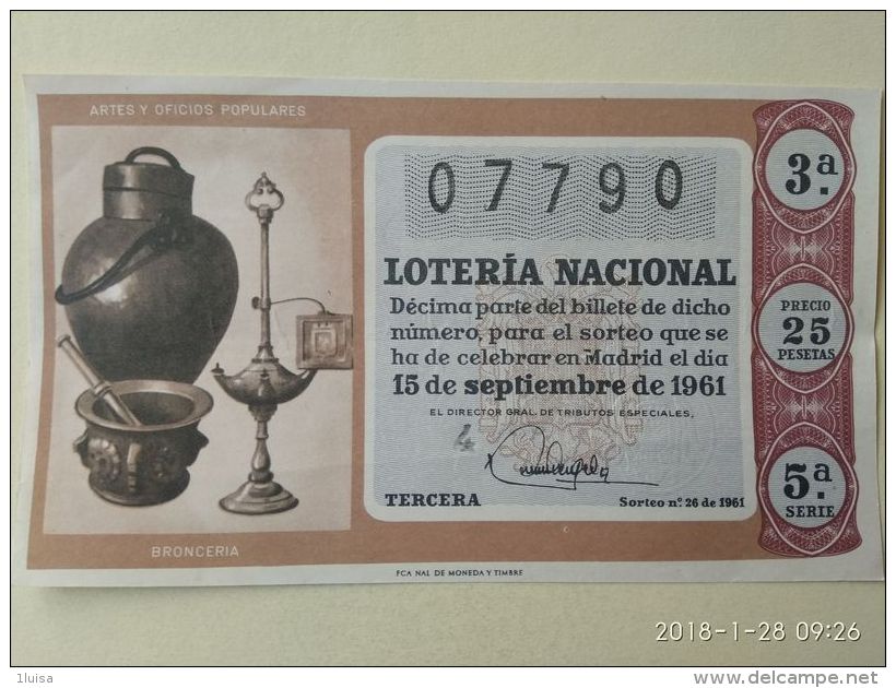 Lotteria Nazionale Spagnola  1961 - Otros & Sin Clasificación