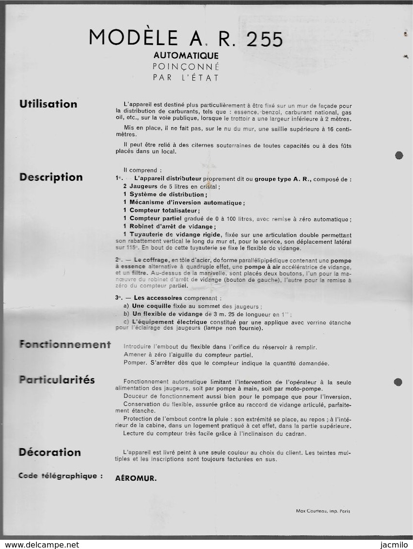 Feuillet Publicitaire Distributeur D' Essence H. BOUTILLON A.R. 255 (92 Suresnes) Avec Descriptif * Voiture Auto Pompe à - Automobile