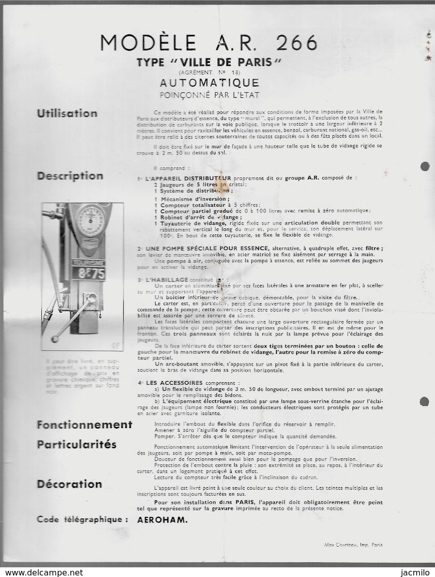 Feuillet Publicitaire Distributeur D' Essence H. BOUTILLON A.R. 266 (92 Suresnes) Avec Descriptif * Voiture Auto Pompe à - Cars