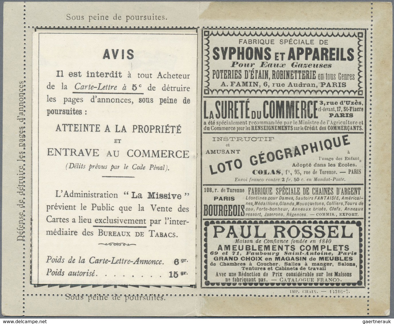 GA Thematik: Anzeigenganzsachen / Advertising Postal Stationery: 1887, France. Advertising Letter Card - Unclassified